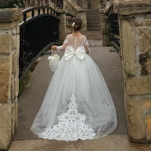 Luluslly Lovely Long Sleeves Lace Flower Girl Dress Tulle With Bowknot in IVORY